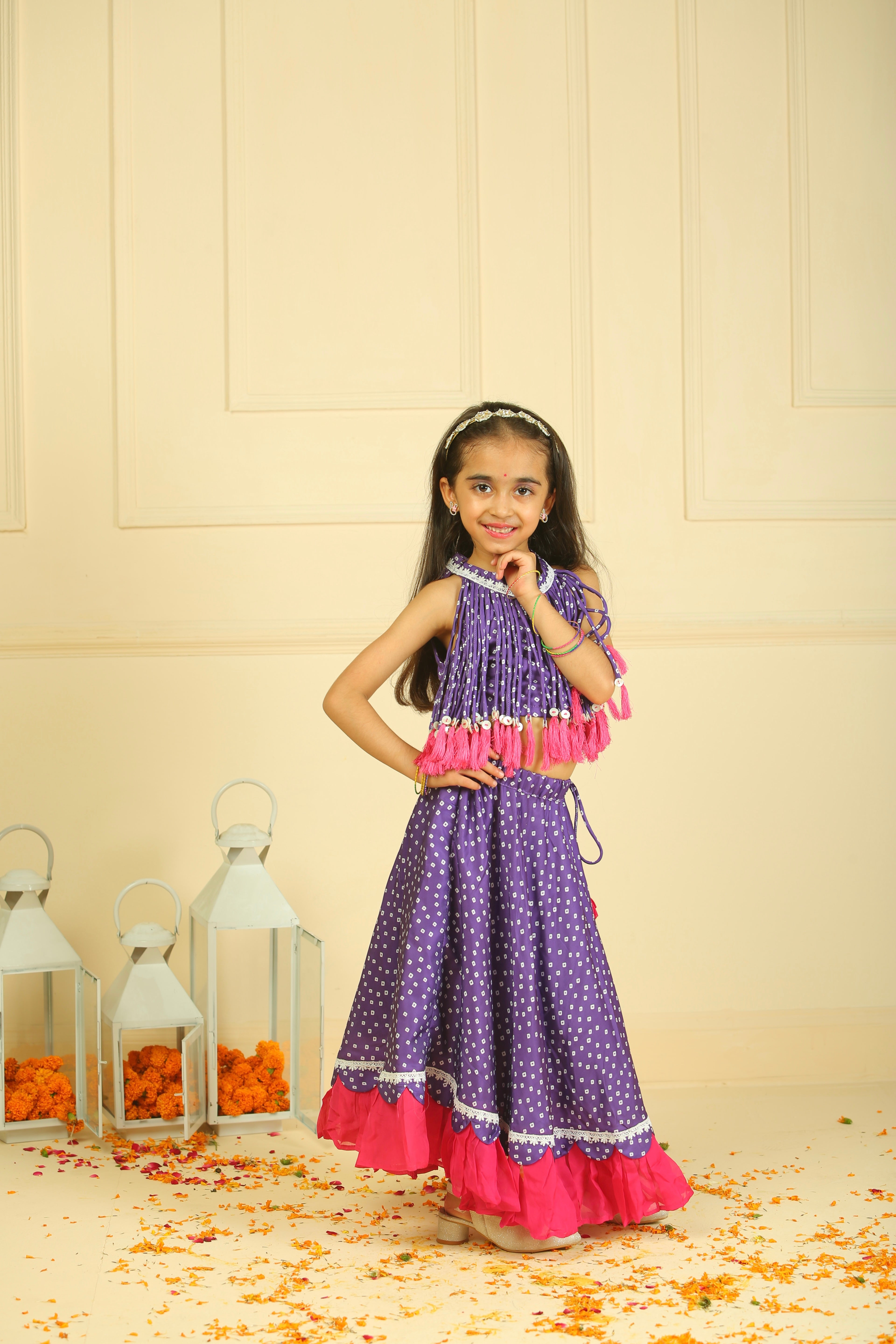 Purple Bandhani Printed Modal Choli with Lehenga