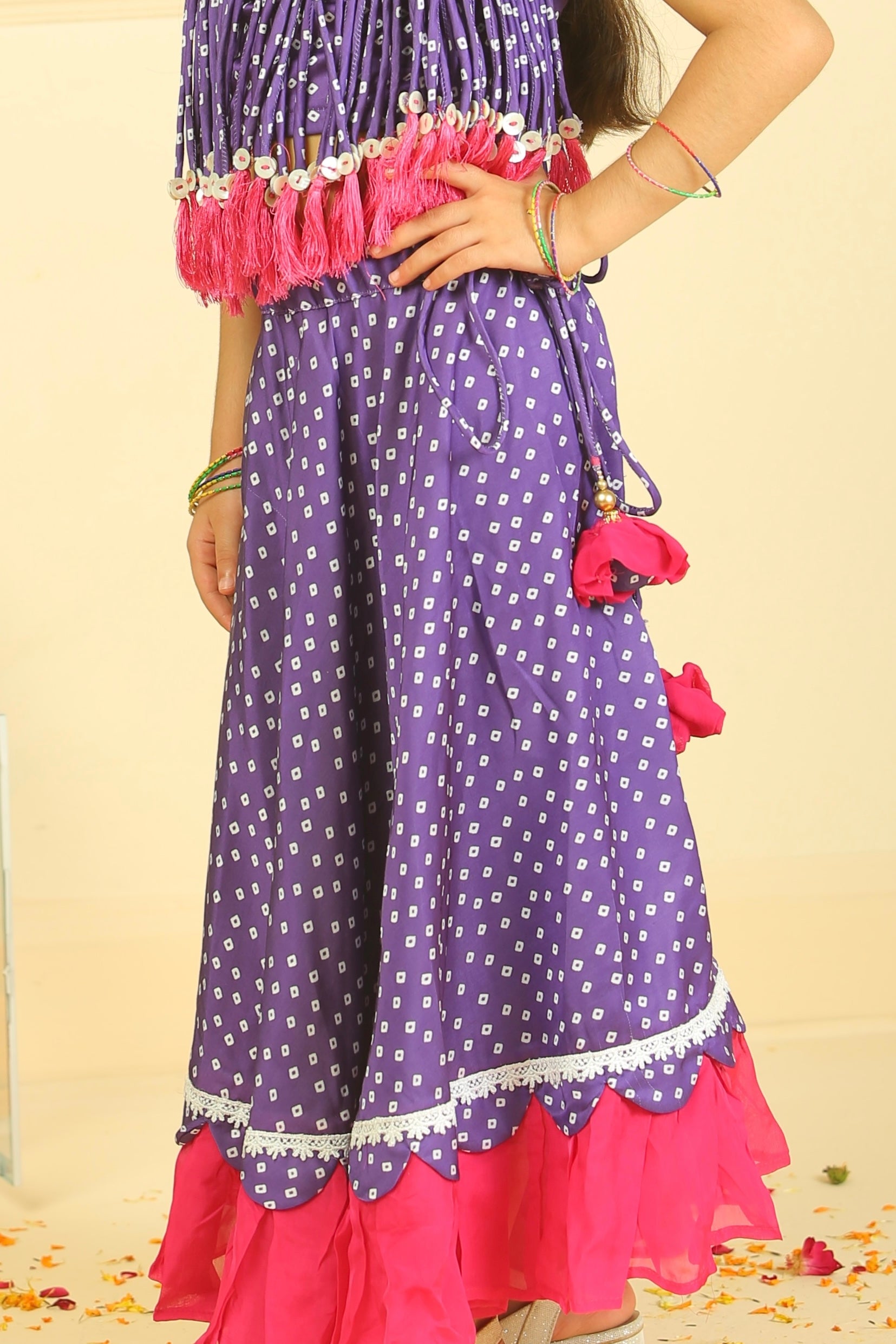 Purple Bandhani Printed Modal Choli with Lehenga