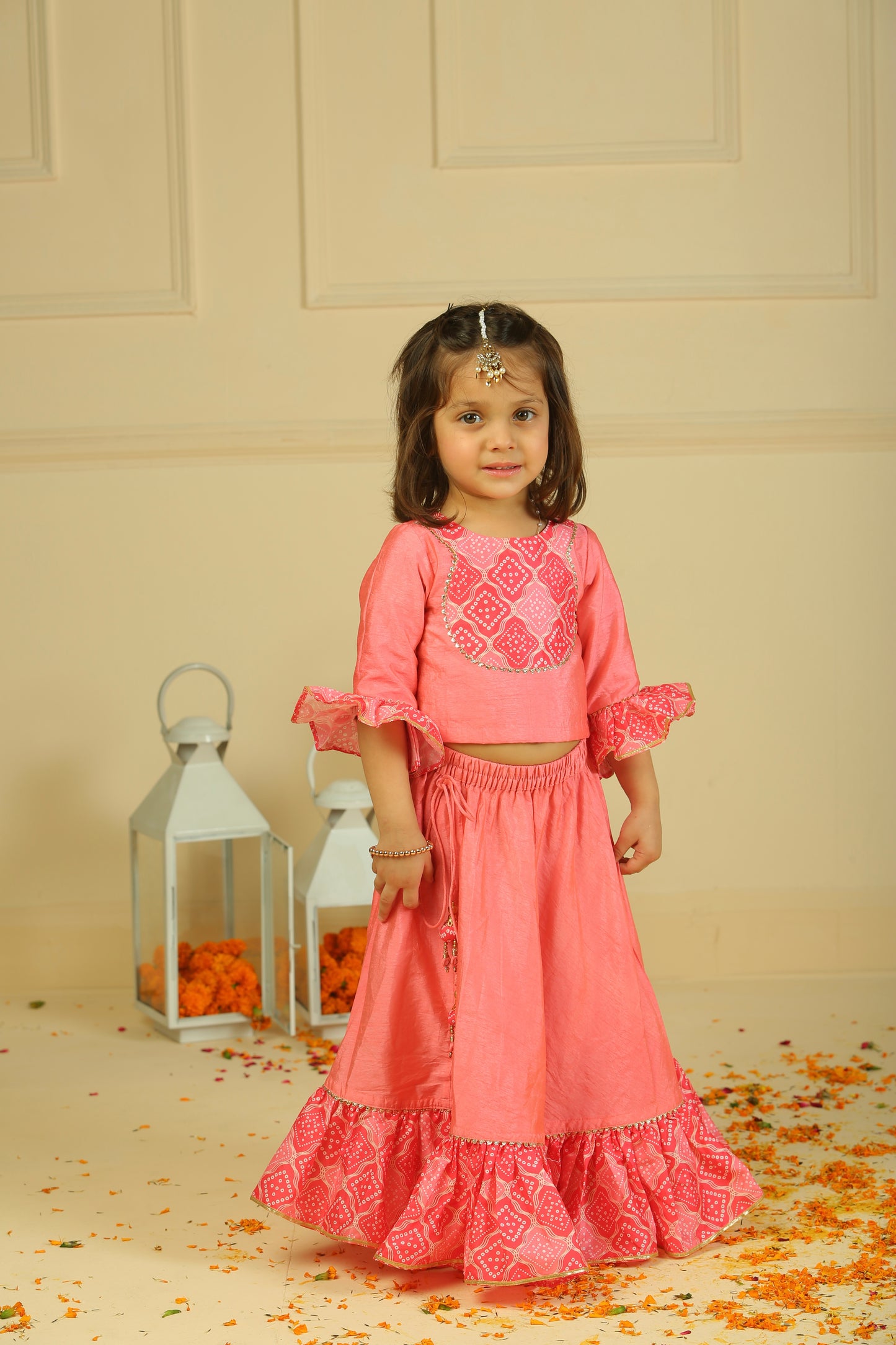 Pink 3/4th sleeves Choli paired with full flared lehenga