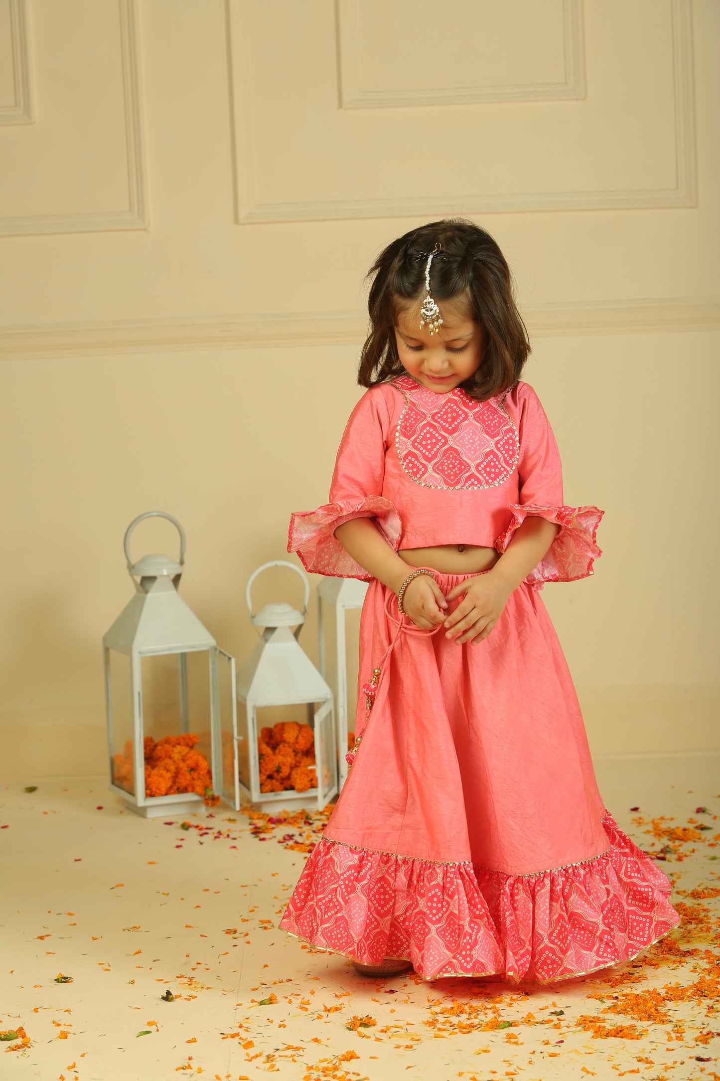 Pink 3/4th sleeves Choli paired with full flared lehenga