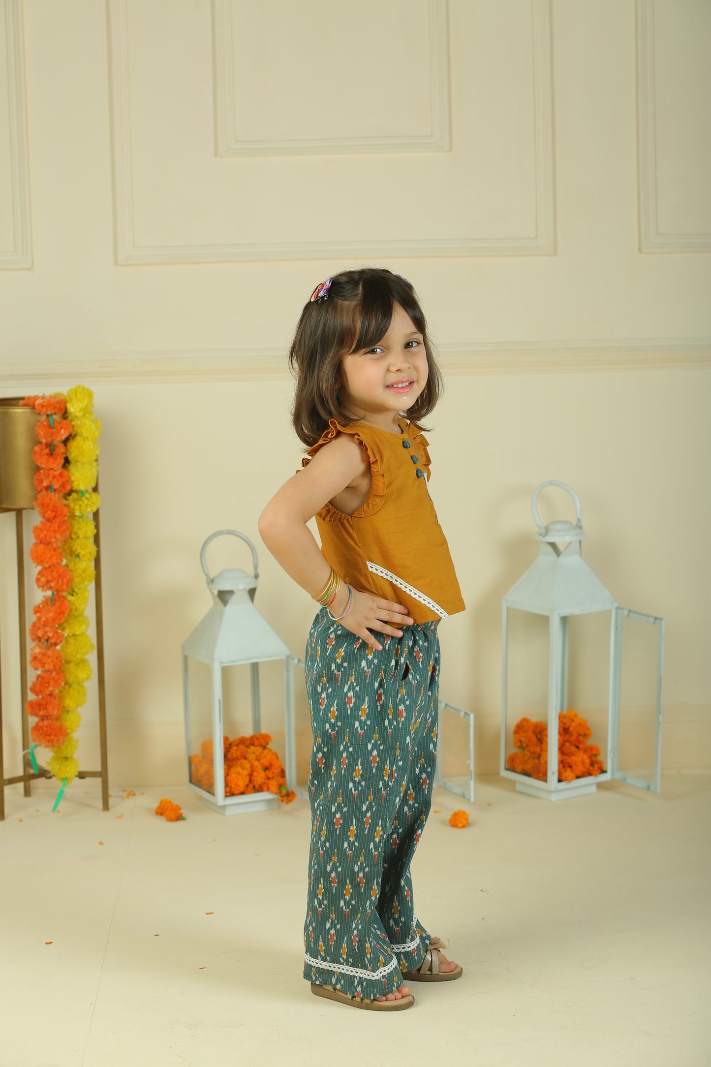 Yellow crop top and Green straight pants