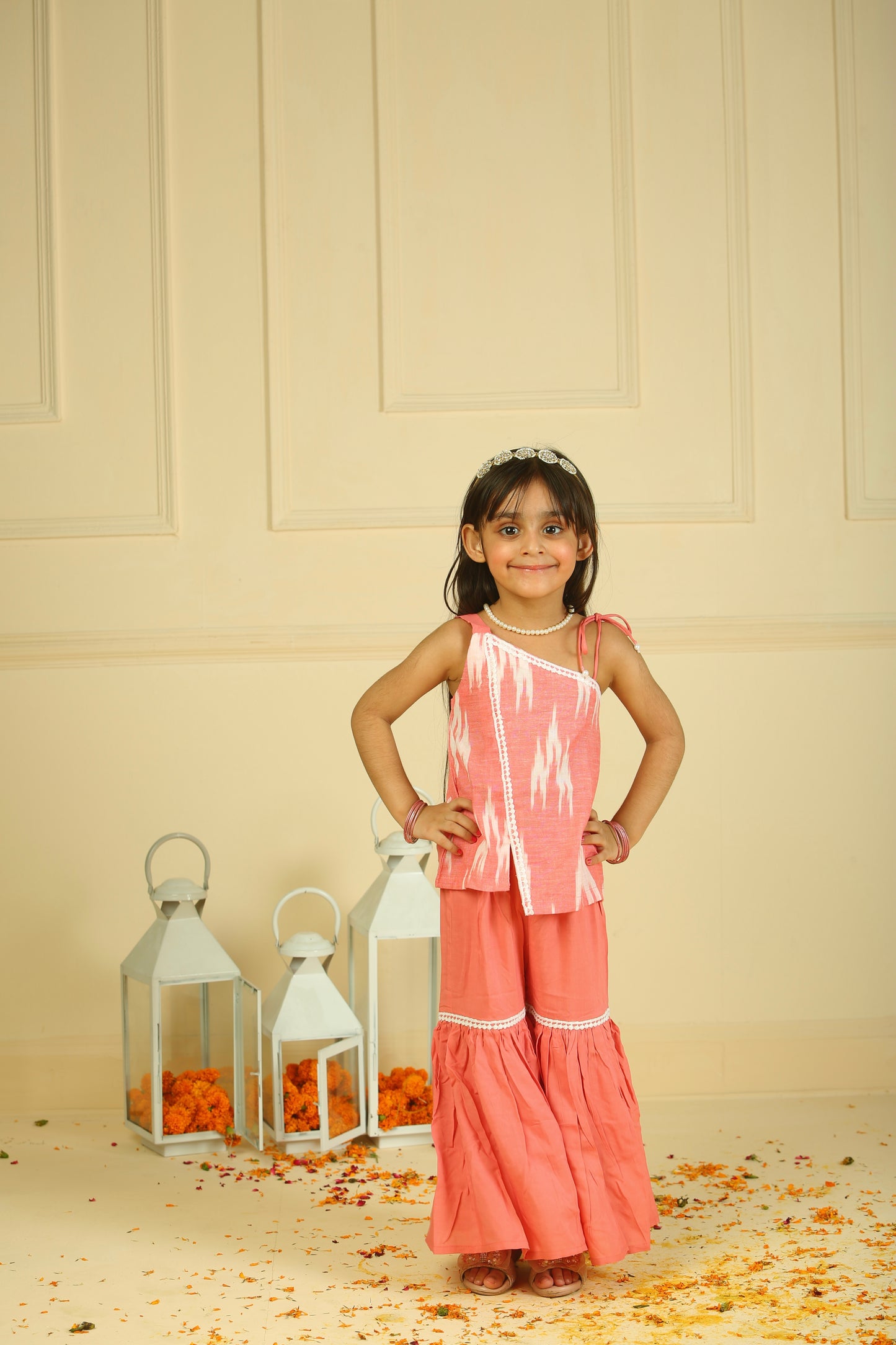 Peach ikkat drawstring Top paired with sharara