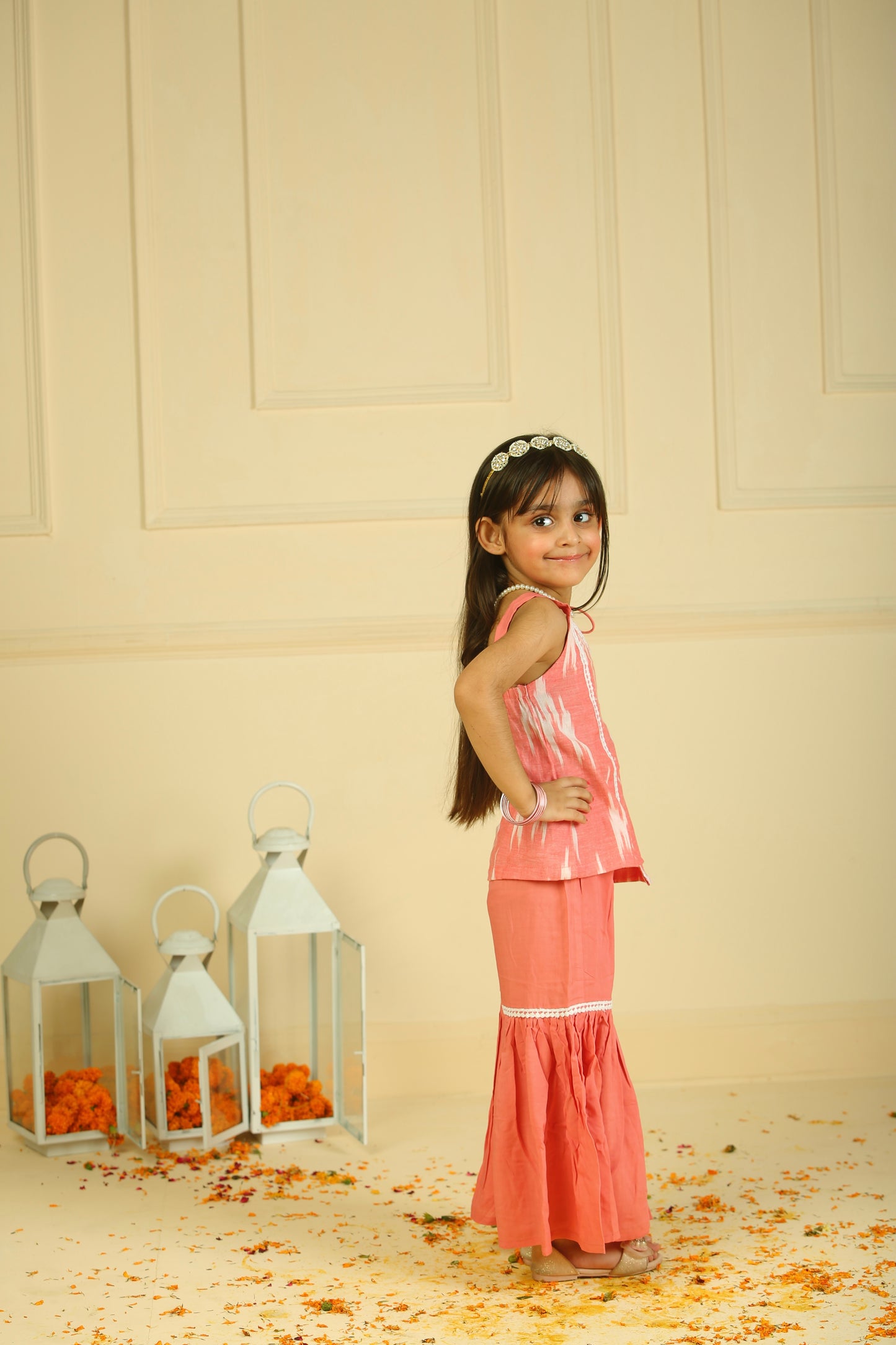 Peach ikkat drawstring Top paired with sharara