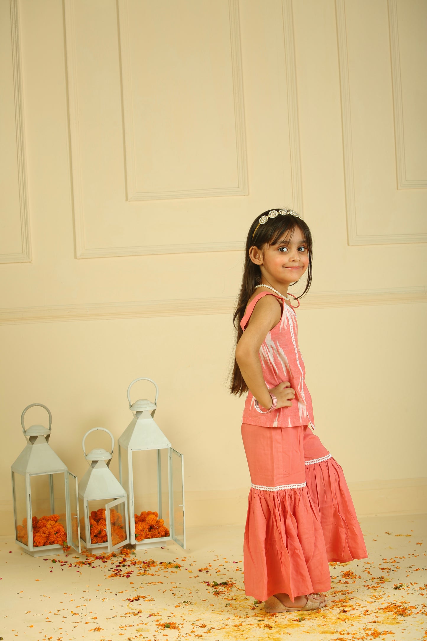 Peach ikkat drawstring Top paired with sharara