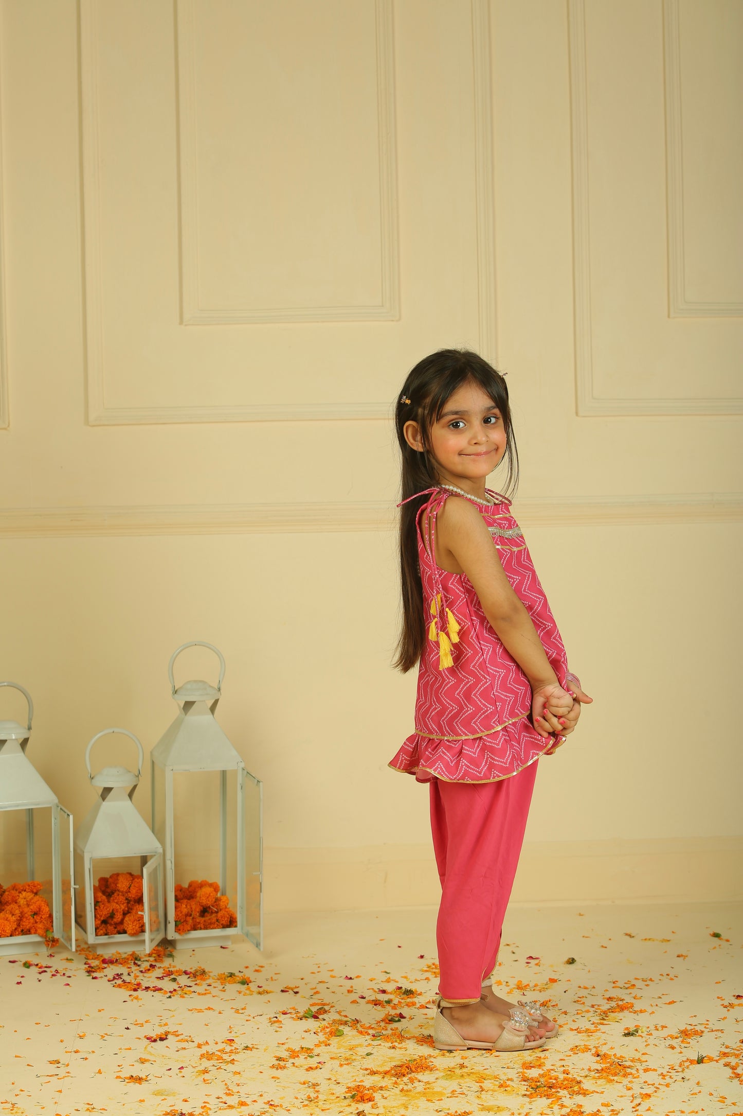 Mehroon  drawstring Aline ruffle Top paired with Dhoti