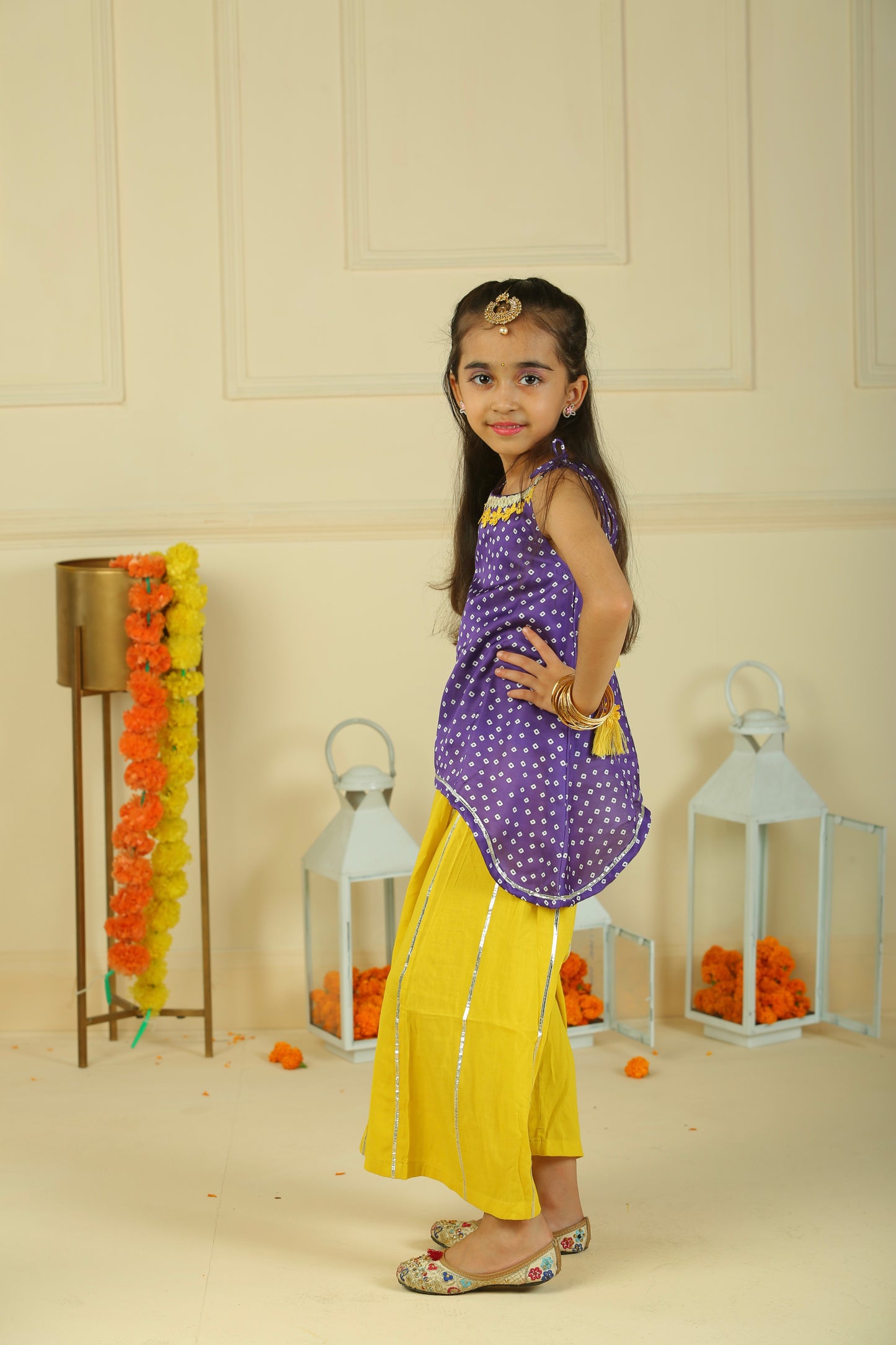 Mauve n Yellow Bandhani asymmetric Top with flared palazzo pants