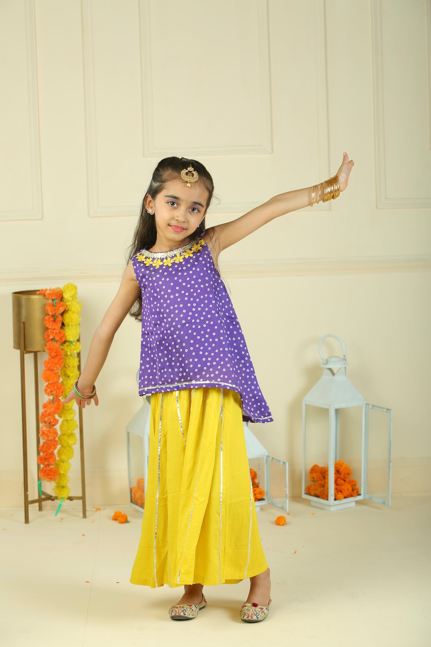 Mauve n Yellow Bandhani asymmetric Top with flared palazzo pants