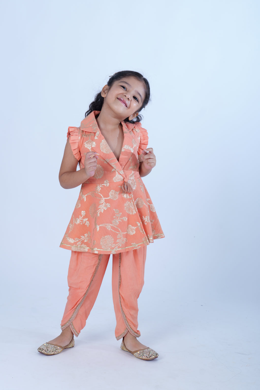 Peach Zari Chanderi Top with Dhoti Pants