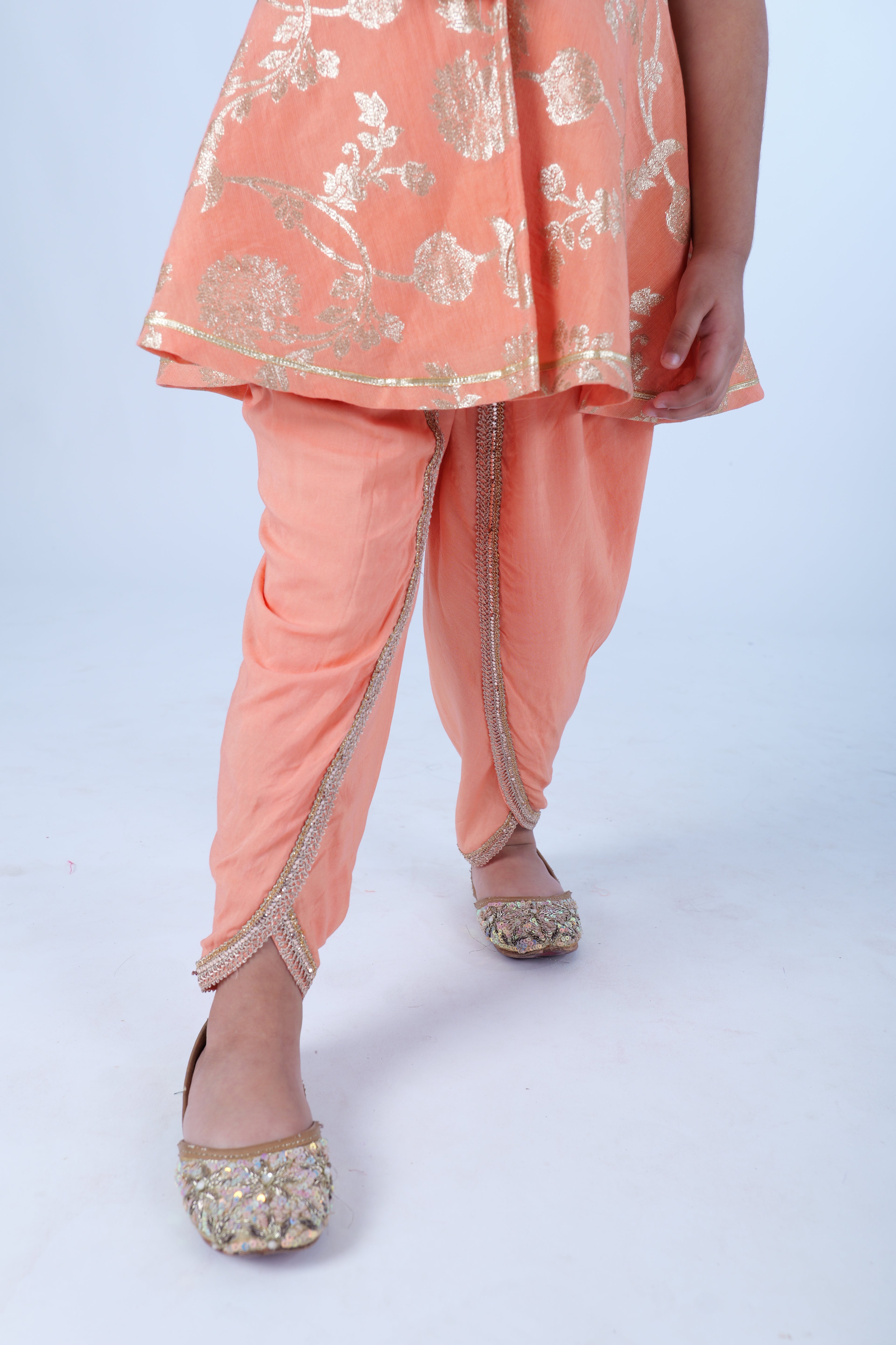 Peach Zari Chanderi Top with Dhoti Pants