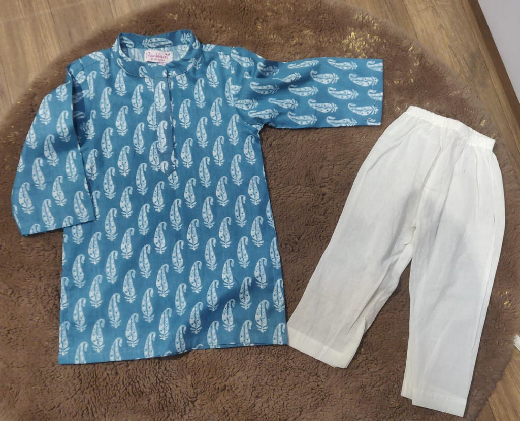 Blue Printed Cotton Kurta with Pajama