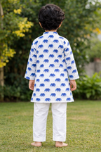 White Blue Printed Cotton Kurta with Pajama