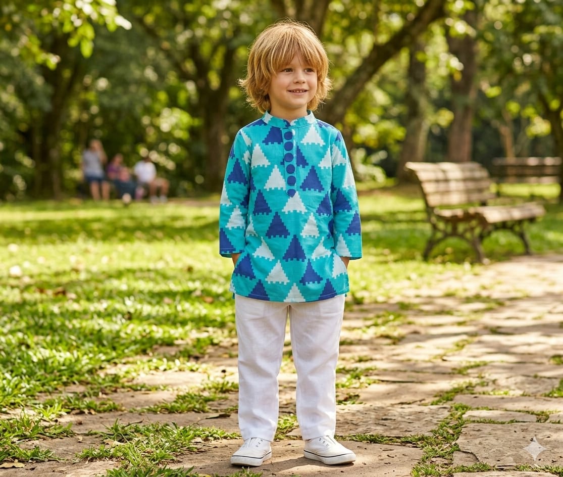 Blue Printed Cotton Kurta with Pajama