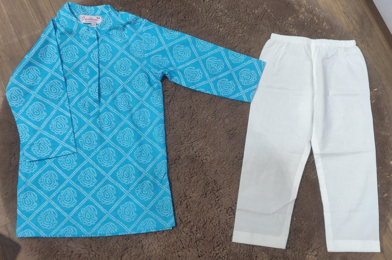 Blue Bandhani Printed Cotton Kurta with Pajama