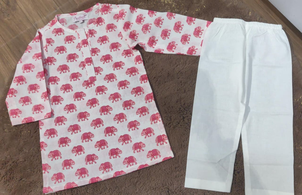 White Pink Printed Cotton Kurta with Pajama