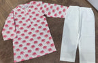 White Pink Printed Cotton Kurta with Pajama