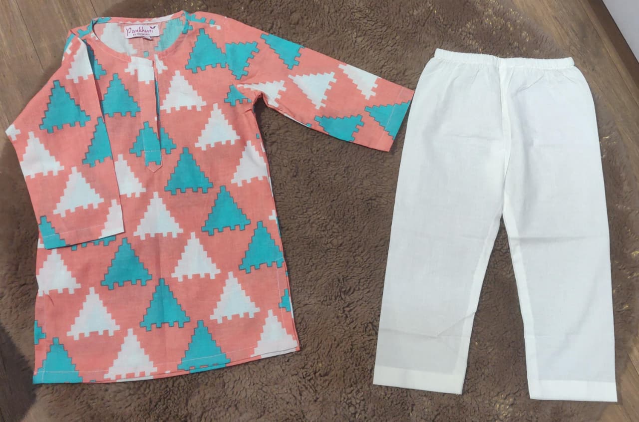Peach Printed Cotton Kurta with Pajama