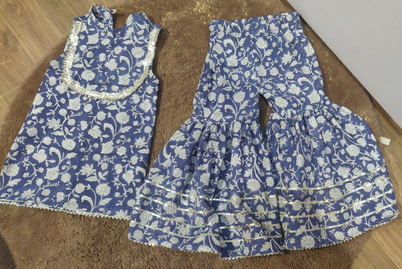 Navy Blue Hand Block Printed Cotton Sharara Suit