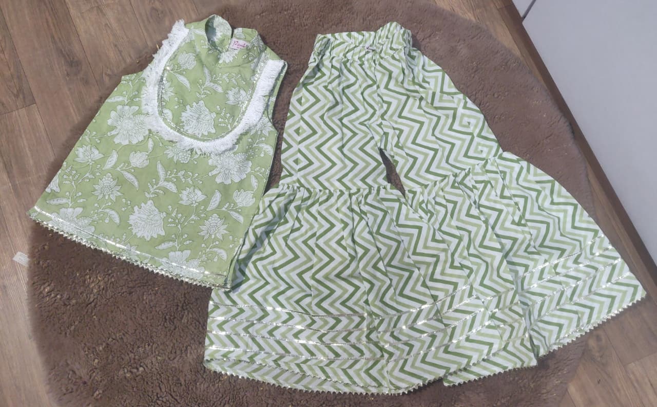 Green Hand Block Printed Cotton Sharara Suit