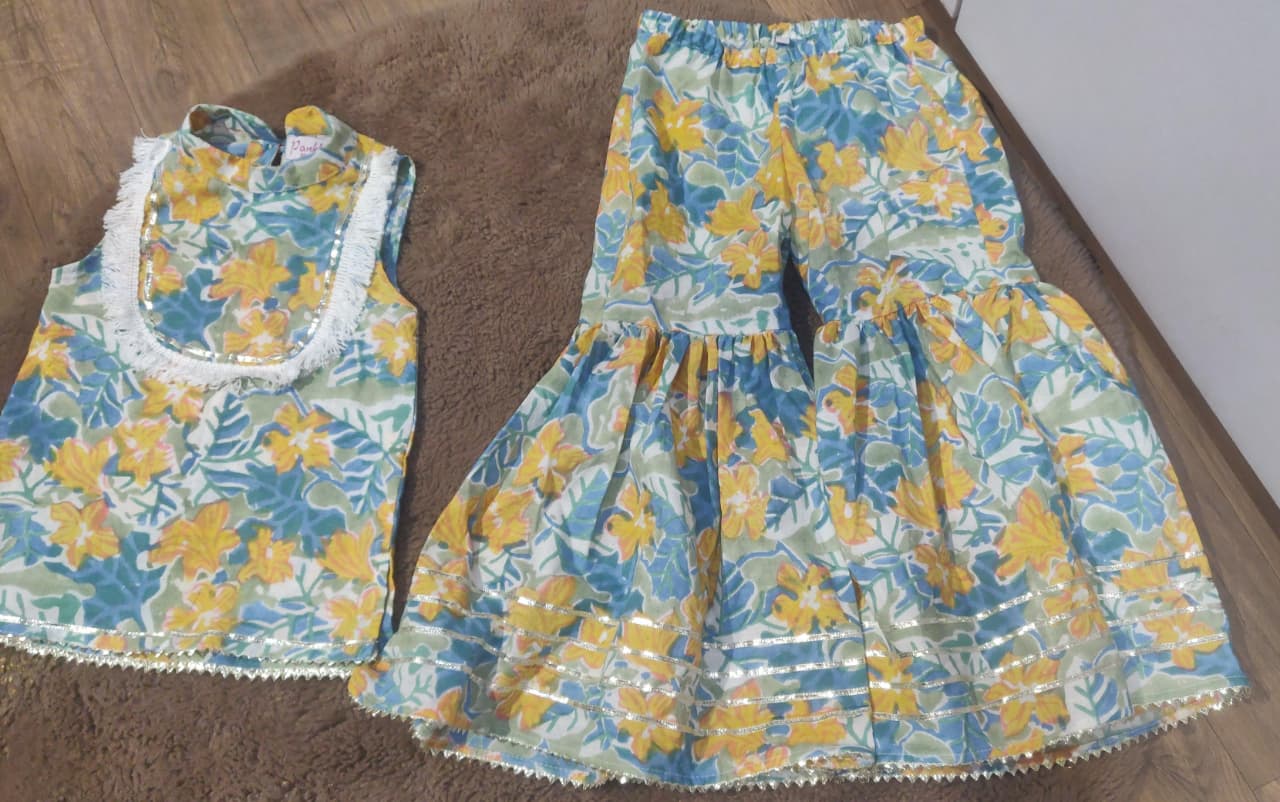 Blue Yellow Hand Block Printed Cotton Sharara Suit